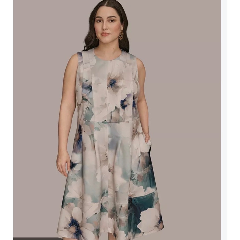 Donna Karan New York Floral Sleeveless Fit Flare Midi Dress Blue Cream 20W NWT